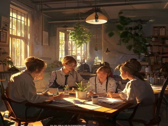 含羞草研究所团队工作场景，几位年轻的心理学研究者围坐在暖光书房中讨论内容创作，气氛温和而专注