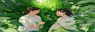 含羞草研究所用户案例图：两位女性在绿植环绕的室内空间轻声交谈，展现内向者建立深度友谊的场景