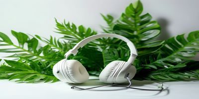 含羞草研究所音频冥想专区，耳机与绿植静物摄影，营造沉浸式内省的视听体验氛围